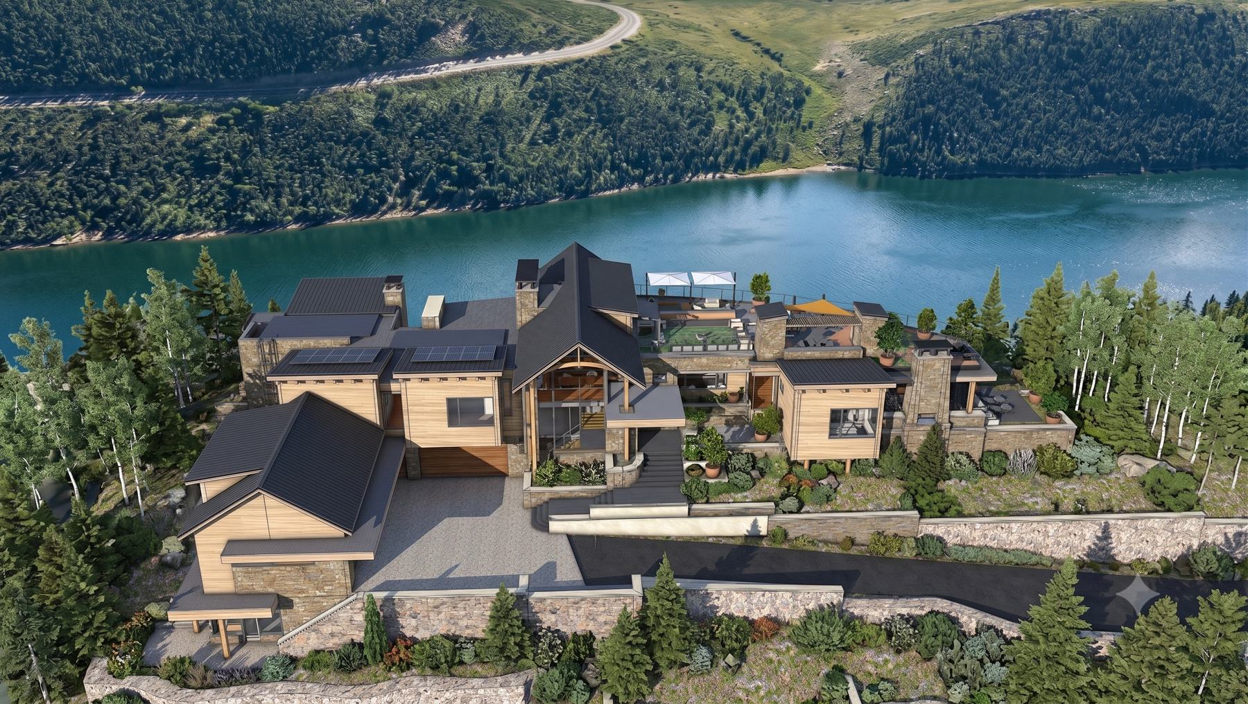 Aerial view of the Soara House on its ridge above the lake — conceptual render