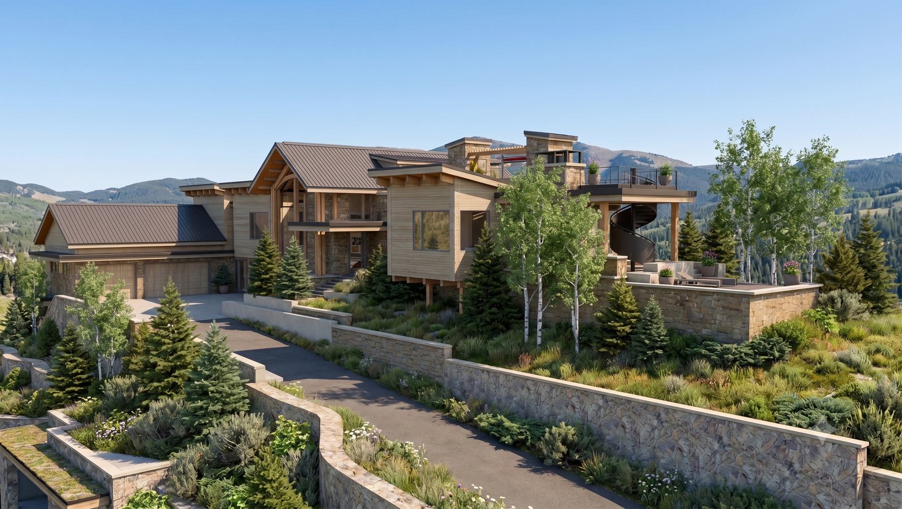 Approach drive to the Soara House through aspens and stone terraces — conceptual render