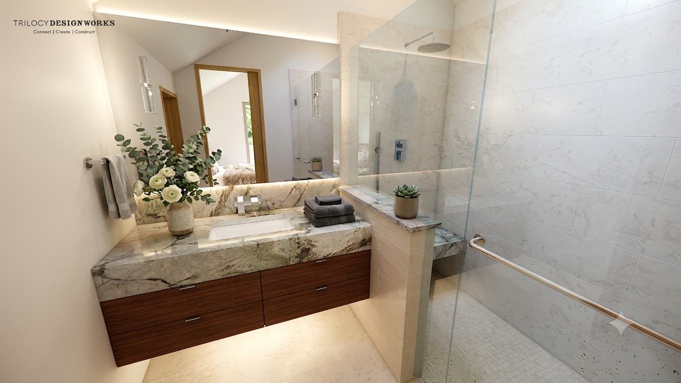 Soara bunk bath with veined marble vanity and glass shower — conceptual render