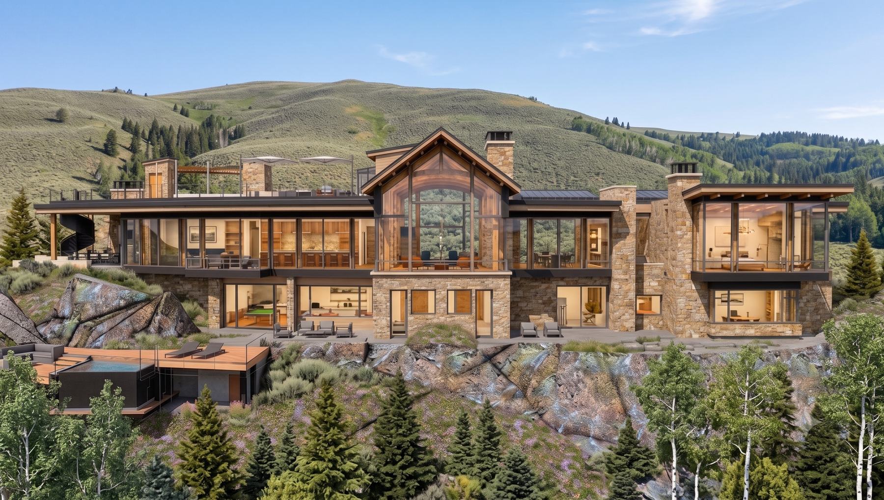 Front elevation of the Soara House, glass and stone against green hills — conceptual render