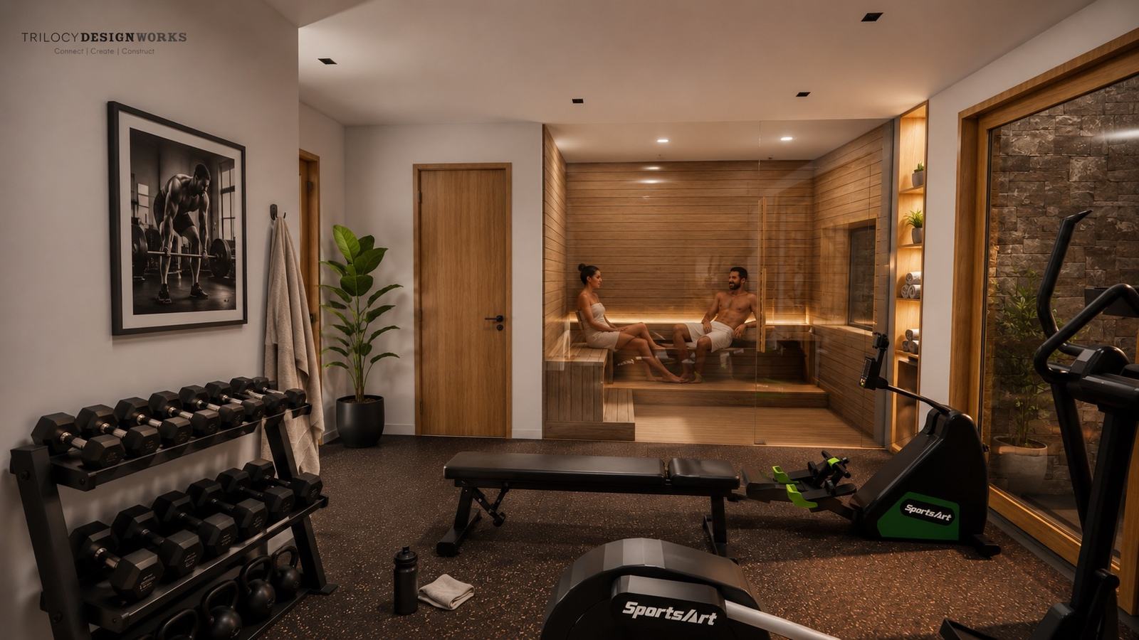 Soara fitness room opening onto a glass-walled cedar sauna — conceptual render