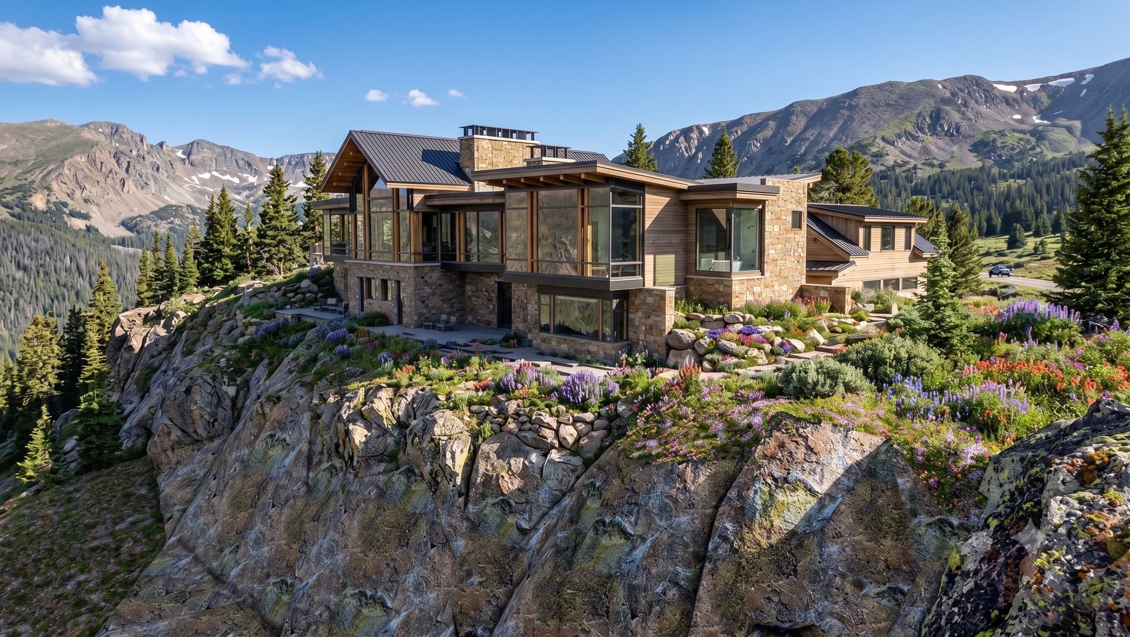 The Soara House perched on a rocky ridge above alpine wildflowers, snow-dusted peaks beyond — conceptual render