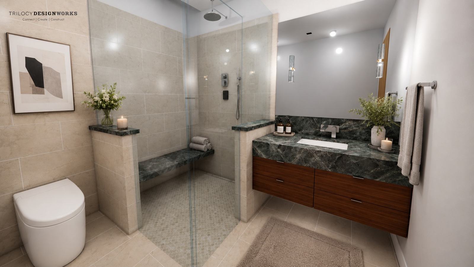 Soara lower bath in deep green marble with walnut vanity — conceptual render