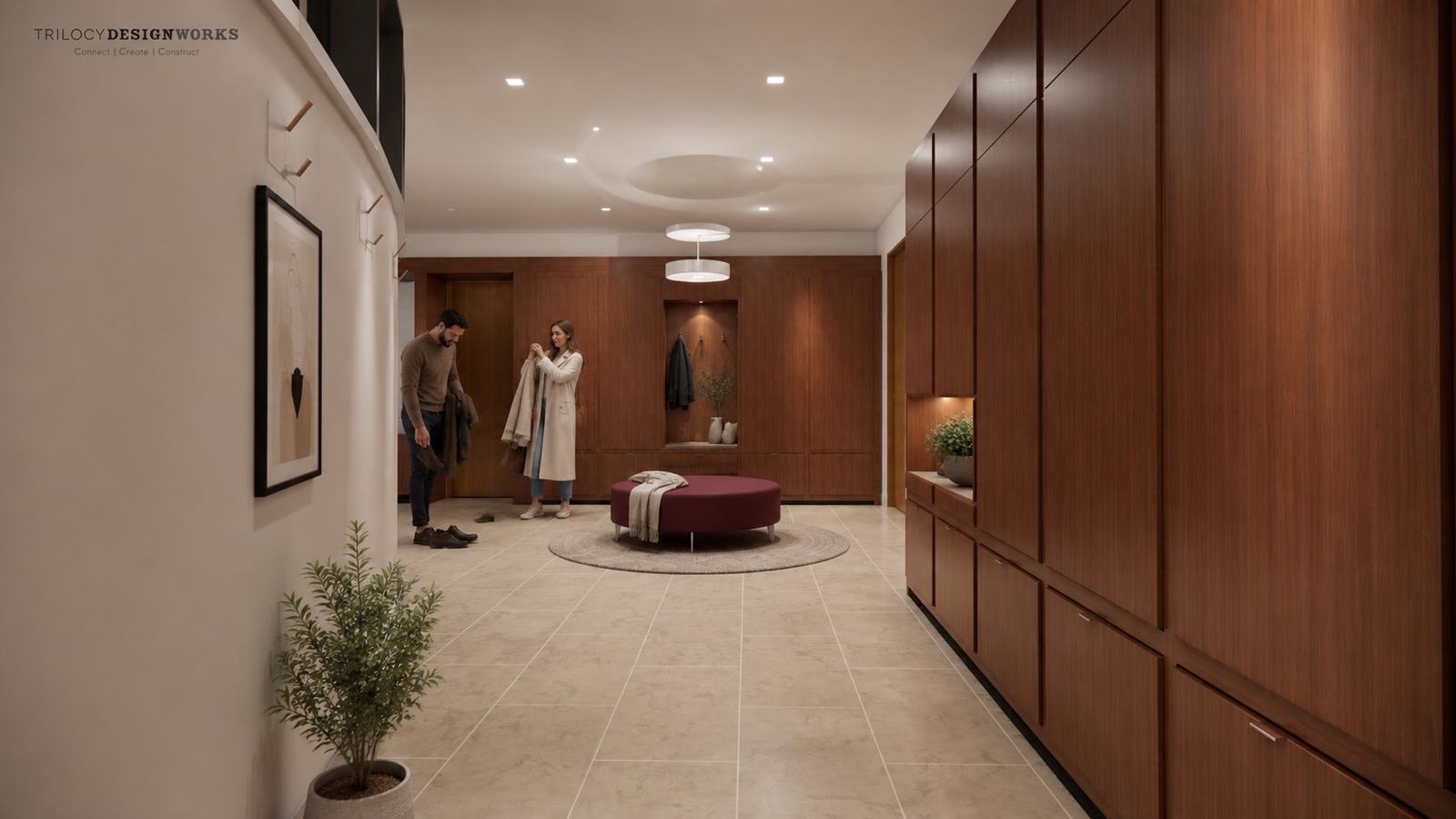 Soara mudroom with walnut cabinetry and upholstered ottoman — conceptual render