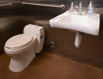 Using WaterSense fauces and duel-flush toilets, as well as reusing graywater, are some ways you can reduce the water usage in your home and otherwise live "greener". Source: Houzz